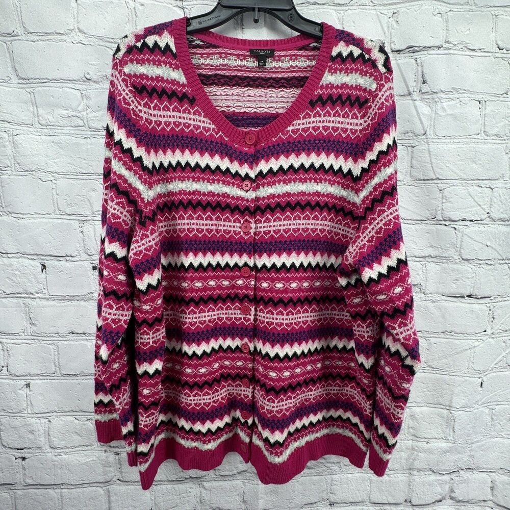 Talbots Cardigan Sweater Women's 2X Plus Pink Fair Isle Lambswool Nylon Classic